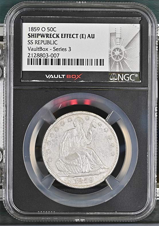 1859-O SS Republic Seated Liberty Half Dollar NGC Shipwreck Effect (E) AU Vaultbox Series 3 Front