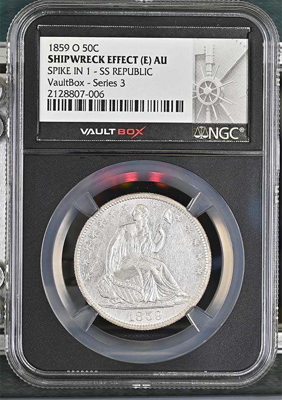 1859-O SS Republic Seated Liberty Half Dollar NGC Shipwreck Effect (E) AU Vaultbox Series 3 Front