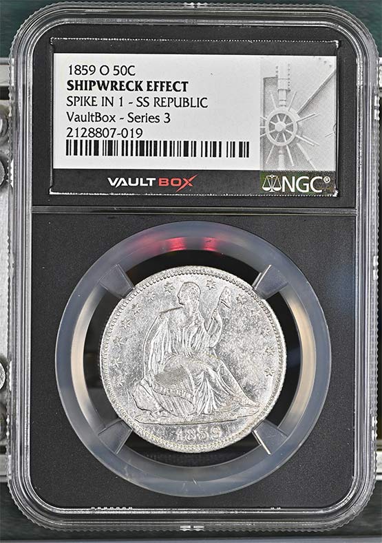 1859-O Spike in 1 SS Republic Seated Liberty Half Dollar NGC Shipwreck Effect Vaultbox Series 3 Front