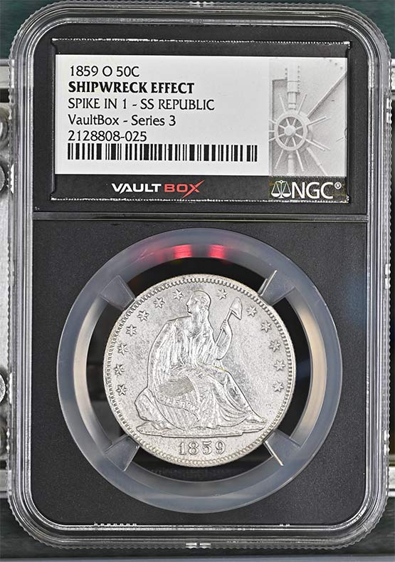 1859-O Spike in 1 SS Republic Seated Liberty Half Dollar NGC Shipwreck Effect Vaultbox Series 3 Front
