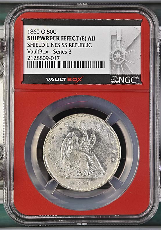 1860 Shield Lines SS Republic Seated Liberty Half Dollar NGC Shipwreck Effect (E) AU Vaultbox Series 3 Front