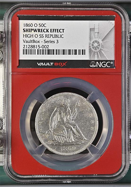 1860-O High O SS Republic Seated Liberty Half Dollar NGC Shipwreck Effect Vaultbox Series 3 Front