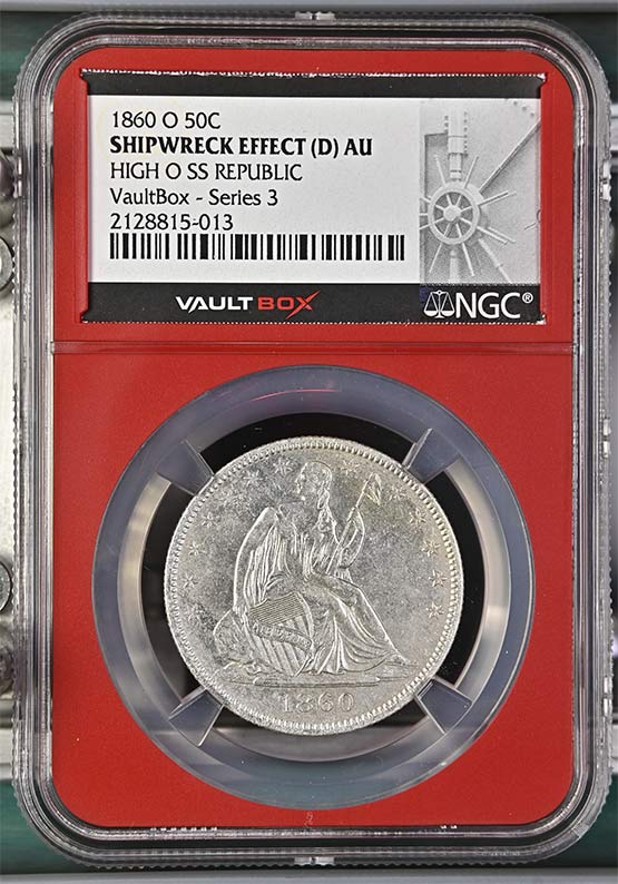 1860-O High O SS Republic Seated Liberty Half Dollar NGC Shipwreck Effect Vaultbox Series 3 Front