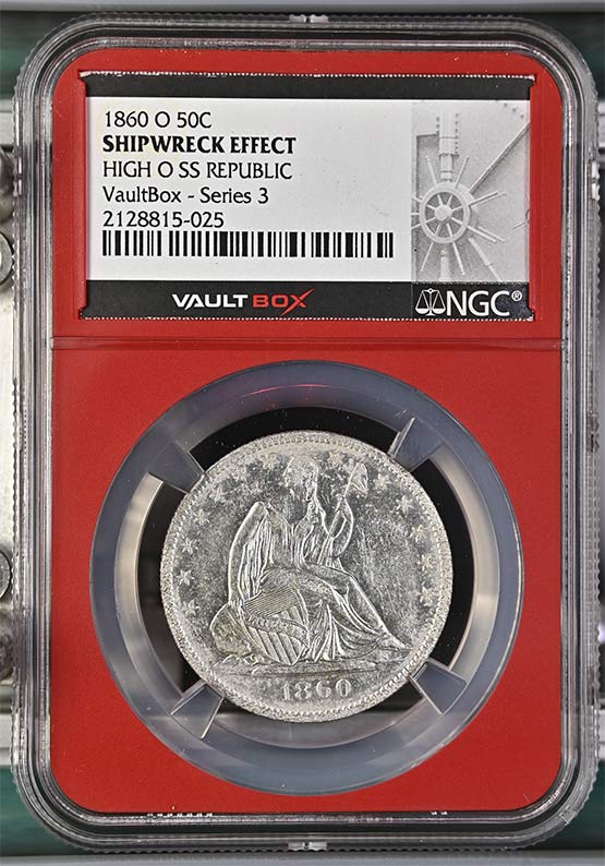1860-O High O SS Republic Seated Liberty Half Dollar NGC Shipwreck Effect Vaultbox Series 3 Front