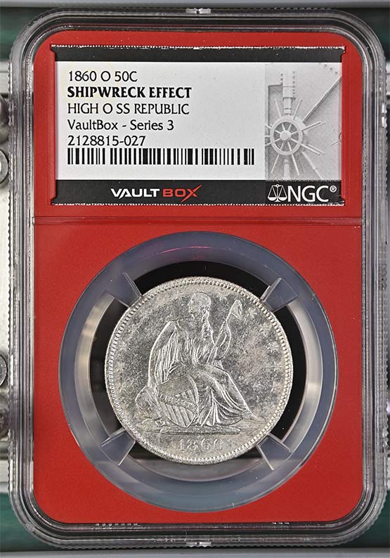 1860-O High O SS Republic Seated Liberty Half Dollar NGC Shipwreck Effect Vaultbox Series 3 Front
