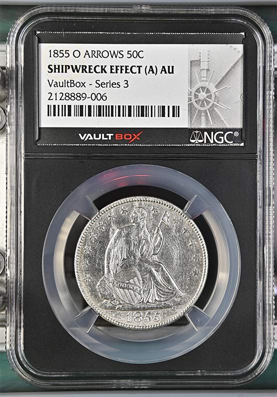 1855-O Arrows SS Republic Seated Liberty Half Dollar NGC Shipwreck Effect (A) AU Vaultbox Series 3 Front