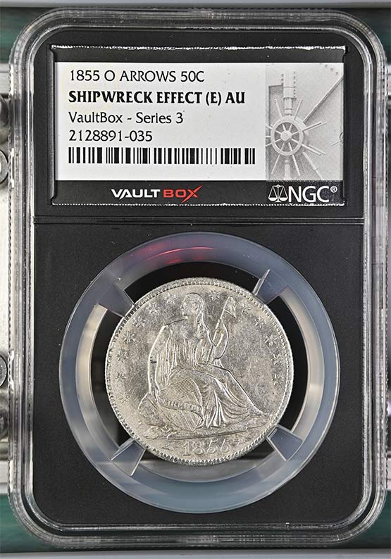 1855-O Arrows SS Republic Seated Liberty Half Dollar NGC Shipwreck Effect (E) AU Vaultbox Series 3 Front