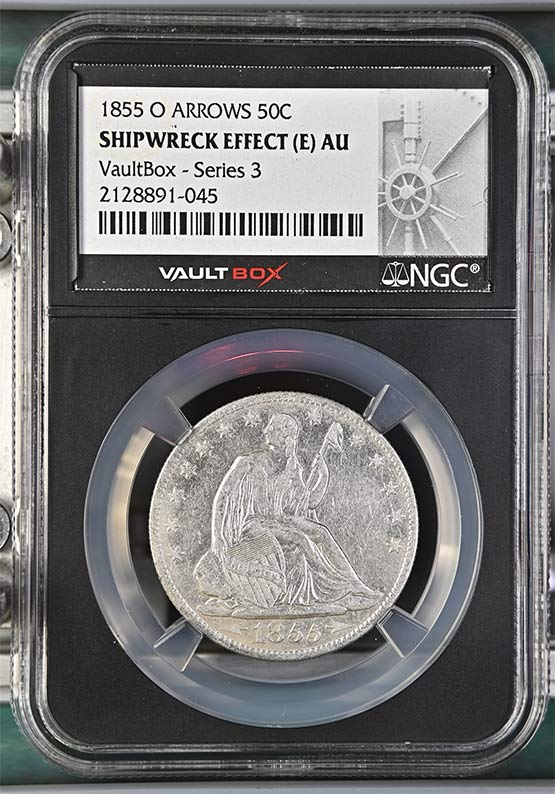1855-O Arrows SS Republic Seated Liberty Half Dollar NGC Shipwreck Effect (E) AU Vaultbox Series 3 Front
