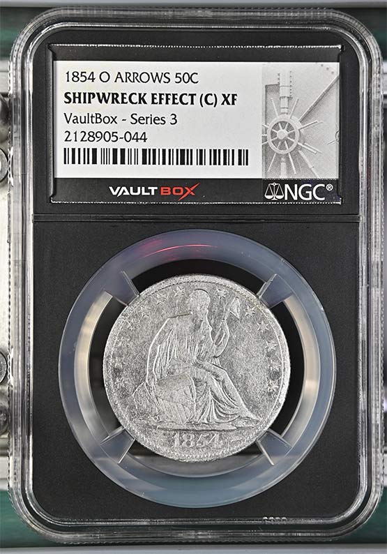 1854-O Arrows SS Republic Seated Liberty Half Dollar NGC Shipwreck Effect (C) XF Vaultbox Series 3 Front