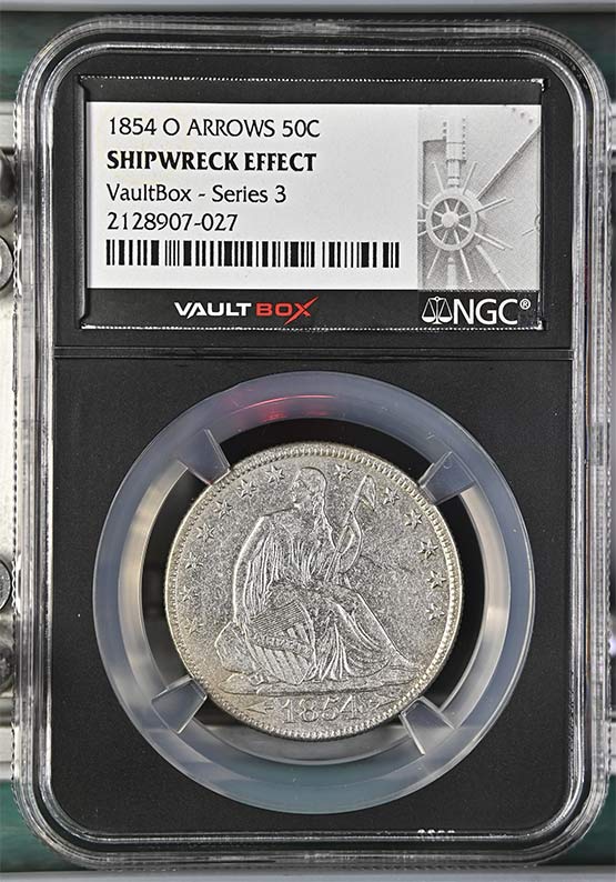 1855-O Arrows SS Republic Seated Liberty Half Dollar NGC Shipwreck Effect (E) AU Vaultbox Series 3 Front