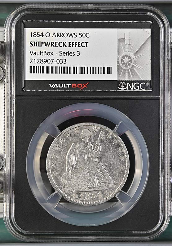 1854-O Arrows SS Republic Seated Liberty Half Dollar NGC Shipwreck Effect Vaultbox Series 3 Front