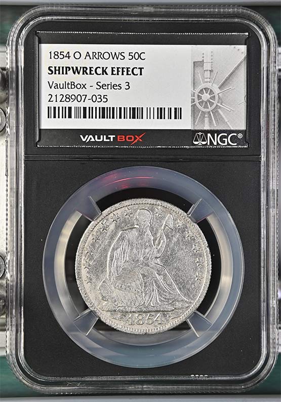 1854-O Arrows SS Republic Seated Liberty Half Dollar NGC Shipwreck Effect Vaultbox Series 3 Front
