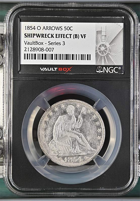1854-O Arrows SS Republic Seated Liberty Half Dollar NGC Shipwreck Effect (B) VF Vaultbox Series 3 Front