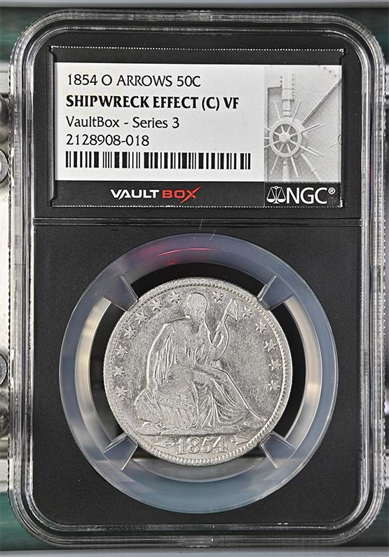 1854-O Arrows SS Republic Seated Liberty Half Dollar NGC Shipwreck Effect (C) VF Vaultbox Series 3 Front