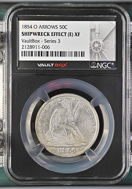 1854-O Arrows SS Republic Seated Liberty Half Dollar NGC Shipwreck Effect (E) XF Vaultbox Series 3 Front