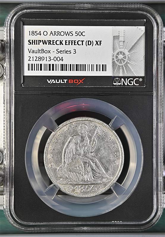 1854-O Arrows SS Republic Seated Liberty Half Dollar NGC Shipwreck Effect (D) XF Vaultbox Series 3 Front