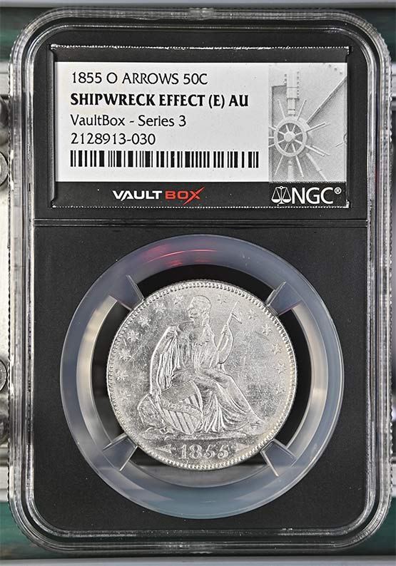 1855-O Arrows SS Republic Seated Liberty Half Dollar NGC Shipwreck Effect (E) AU Vaultbox Series 3 Front