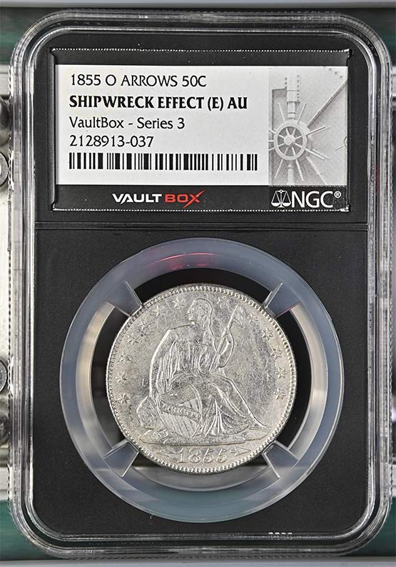 1855-O Arrows SS Republic Seated Liberty Half Dollar NGC Shipwreck Effect (E) AU Vaultbox Series 3 Front