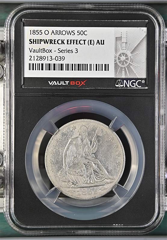 1855-O Arrows SS Republic Seated Liberty Half Dollar NGC Shipwreck Effect (E) AU Vaultbox Series 3 Front