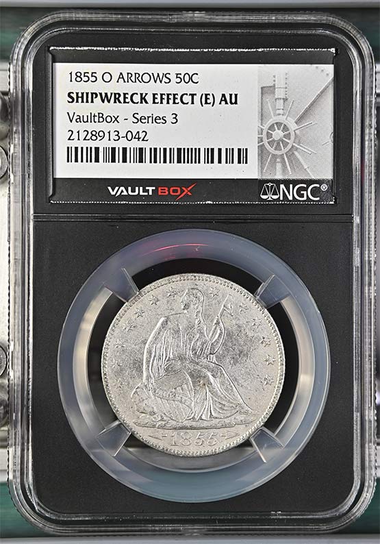1855-O Arrows SS Republic Seated Liberty Half Dollar NGC Shipwreck Effect (E) AU Vaultbox Series 3 Front