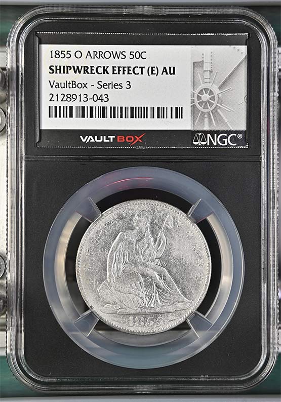 1855-O Arrows SS Republic Seated Liberty Half Dollar NGC Shipwreck Effect (E) AU Vaultbox Series 3 Front