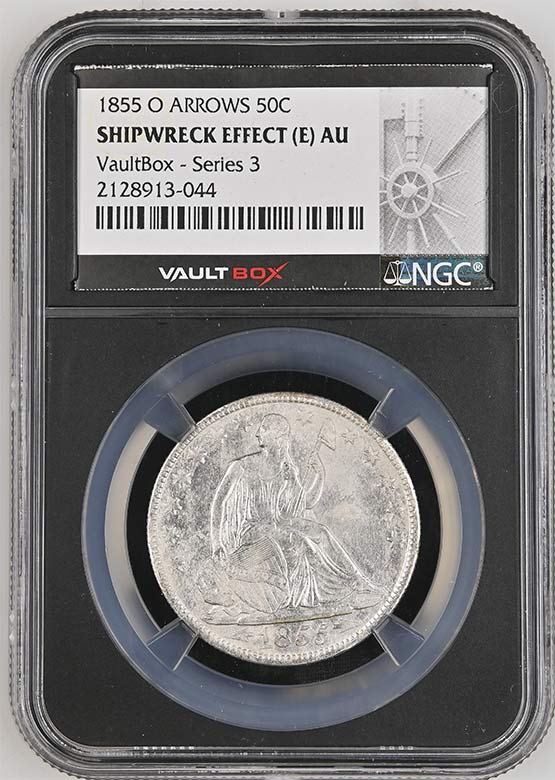 1855-O Arrows SS Republic Seated Liberty Half Dollar NGC Shipwreck Effect (E) AU Vaultbox Series 3 Front
