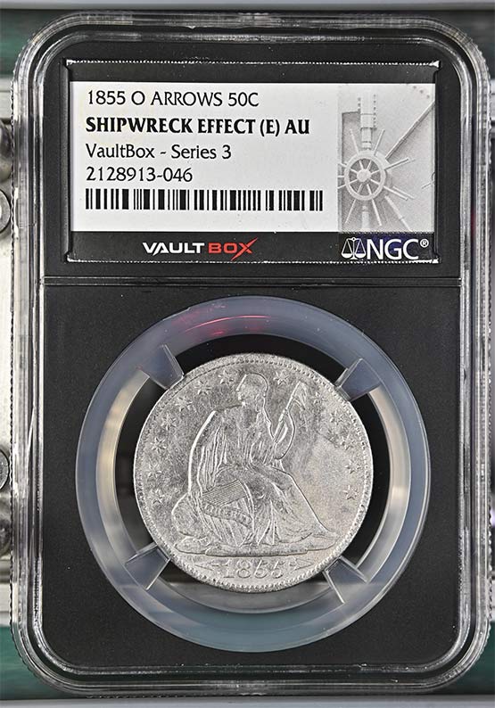 1855-O Arrows SS Republic Seated Liberty Half Dollar NGC Shipwreck Effect (E) AU Vaultbox Series 3 Front