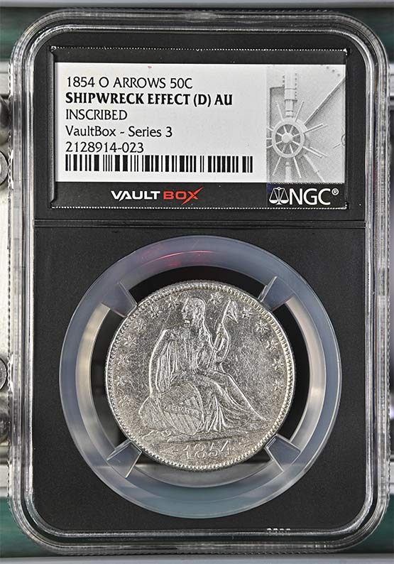 1854-O Arrows SS Republic Seated Liberty Half Dollar NGC Shipwreck Effect (D) AU Vaultbox Series 3 Front