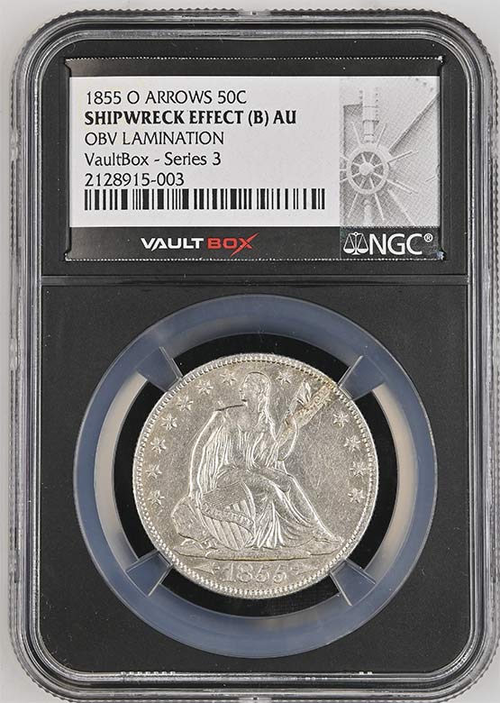 1854-O Arrows SS Republic Seated Liberty Half Dollar NGC Shipwreck Effect (B) AU Vaultbox Series 3 Front
