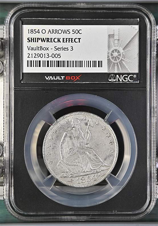 1854-O Arrows SS Republic Seated Liberty Half Dollar NGC Shipwreck Effect Vaultbox Series 3 Front