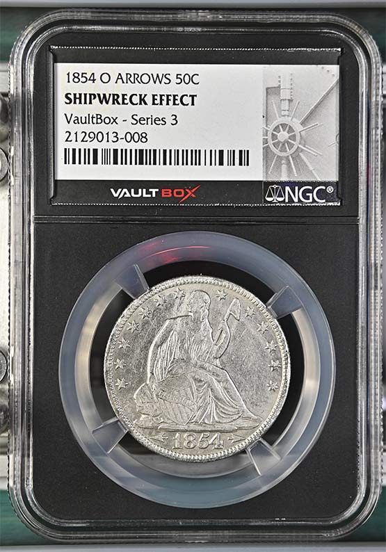 1854-O Arrows SS Republic Seated Liberty Half Dollar NGC Shipwreck Effect Vaultbox Series 3 Front