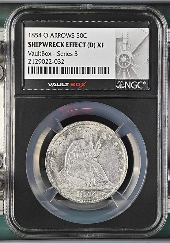 1854-O Arrows SS Republic Seated Liberty Half Dollar NGC Shipwreck Effect (D) XF Vaultbox Series 3 Front