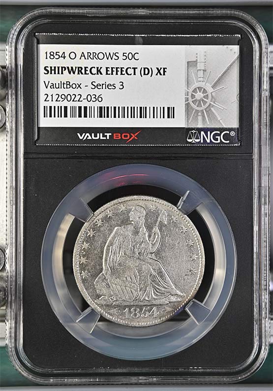 1854-O Arrows SS Republic Seated Liberty Half Dollar NGC Shipwreck Effect (D) XF Vaultbox Series 3 Front