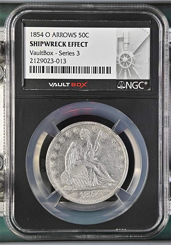 1854-O Arrows SS Republic Seated Liberty Half Dollar NGC Shipwreck Effect Vaultbox Series 3 Front