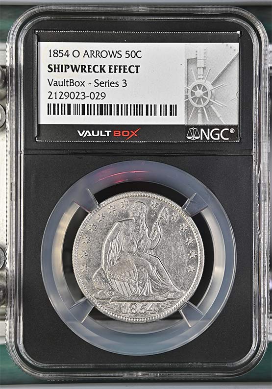 1854-O Arrows SS Republic Seated Liberty Half Dollar NGC Shipwreck Effect Vaultbox Series 3 Front