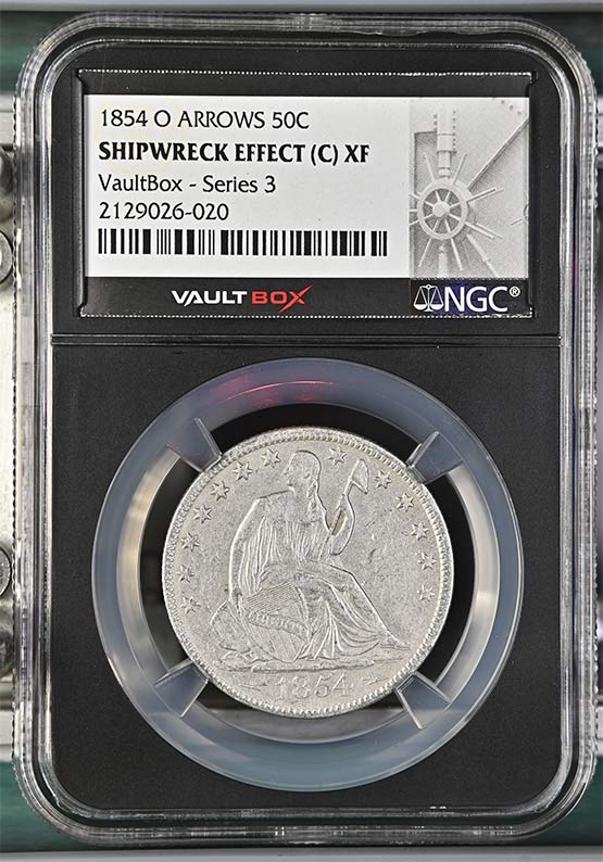 1854-O Arrows SS Republic Seated Liberty Half Dollar NGC Shipwreck Effect (C) XF Vaultbox Series 3 Front