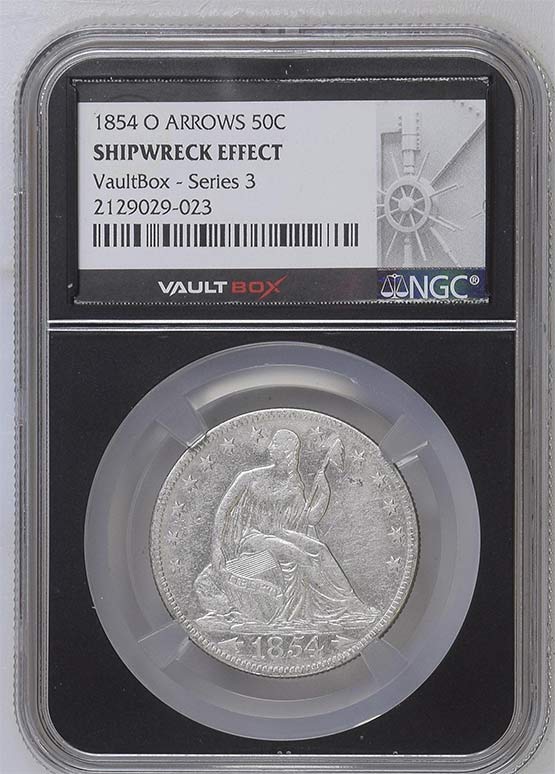 1854-O Arrows SS Republic Seated Liberty Half Dollar NGC Shipwreck Effect Vaultbox Series 3 Front