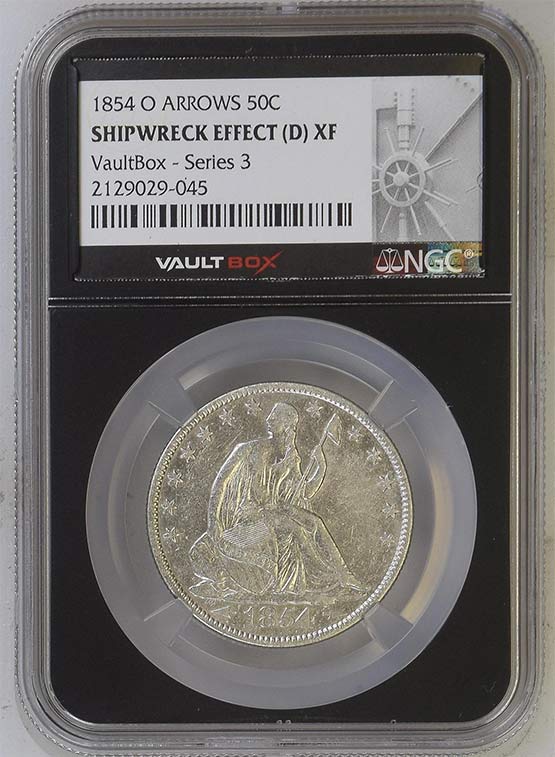 1854-O Arrows SS Republic Seated Liberty Half Dollar NGC Shipwreck Effect (D) XF Vaultbox Series 3 Front