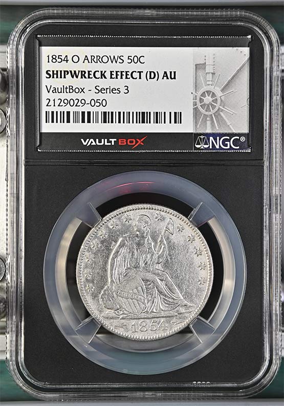 1854-O Arrows SS Republic Seated Liberty Half Dollar NGC Shipwreck Effect (D) AU Vaultbox Series 3 Front