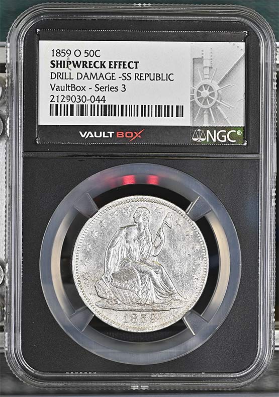 1859 SS Republic Seated Liberty Half Dollar NGC Shipwreck Effect Drill Damage Vaultbox Series 3 Front