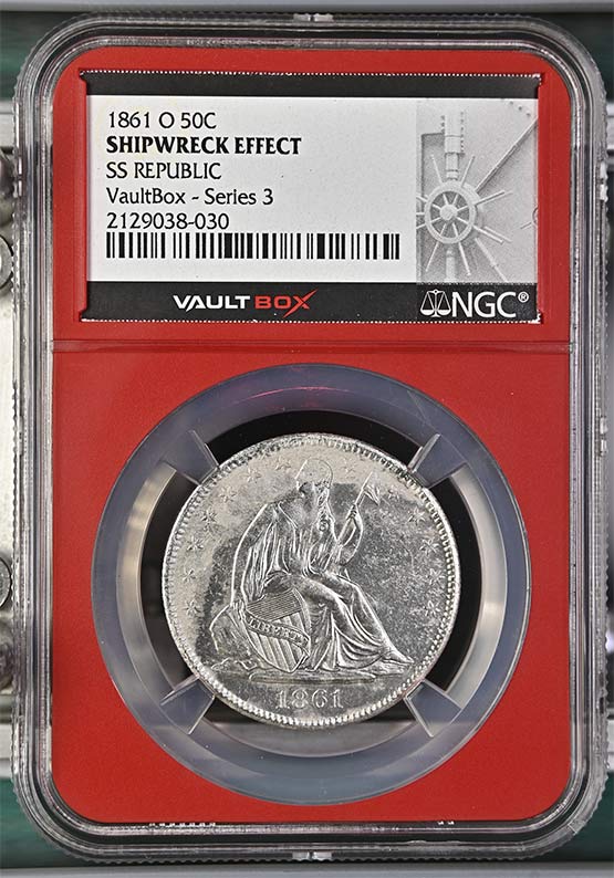 1861-O SS Republic Seated Liberty Half Dollar NGC Shipwreck Effect Vaultbox Series 3 Front