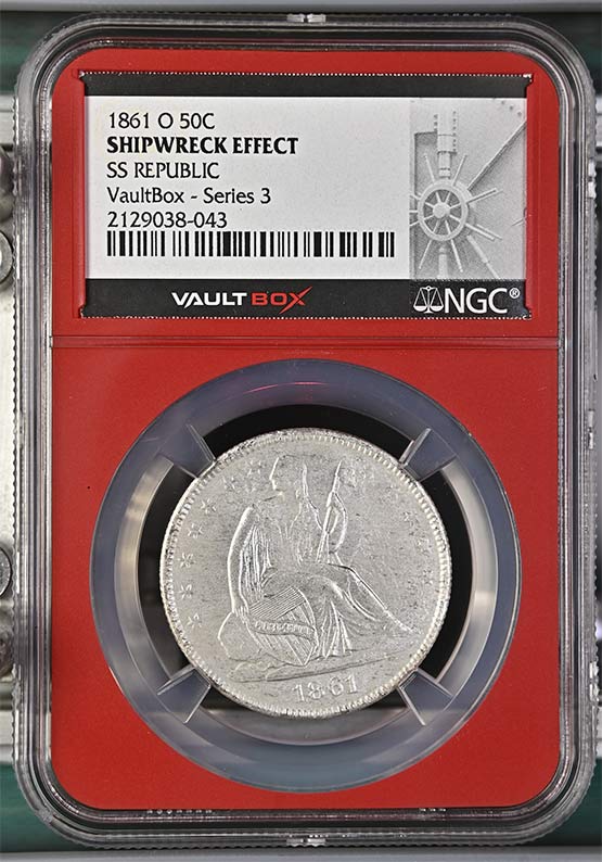 1861-O SS Republic Seated Liberty Half Dollar NGC Shipwreck Effect Vaultbox Series 3 Front