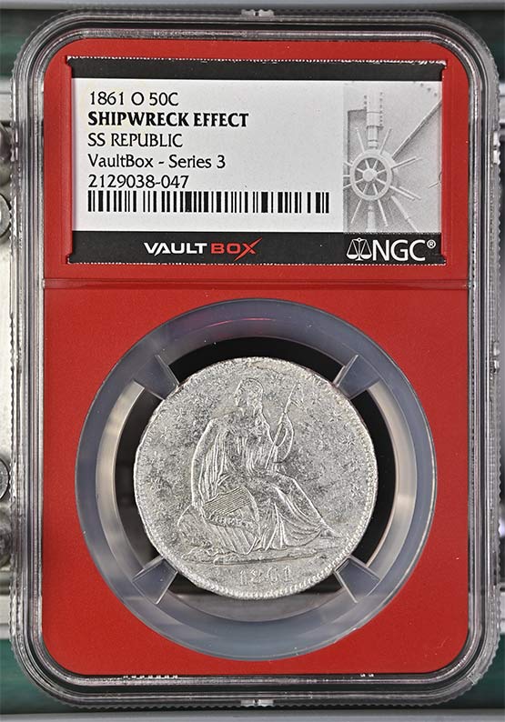 1861-O SS Republic Seated Liberty Half Dollar NGC Shipwreck Effect Vaultbox Series 3 Front