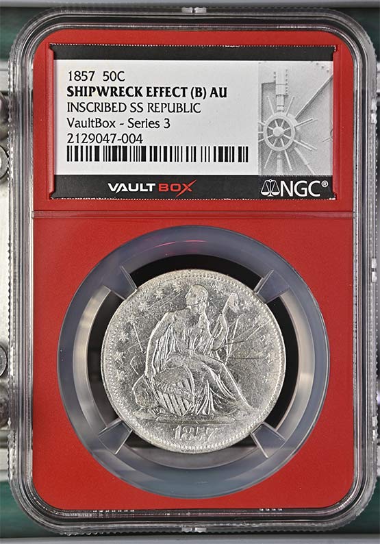 1857 SS Republic Seated Liberty Half Dollar NGC Shipwreck Effect (B) AU Vaultbox Series 3 Front