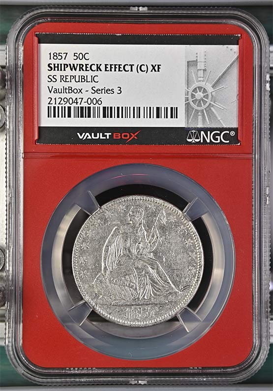 1857 SS Republic Seated Liberty Half Dollar NGC Shipwreck Effect (C) XF Vaultbox Series 3 Front