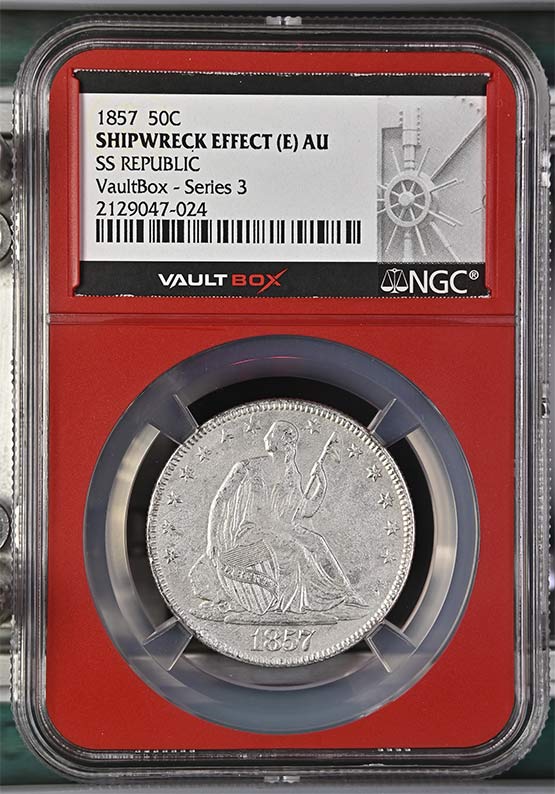 1857 SS Republic Seated Liberty Half Dollar NGC Shipwreck Effect (E) AU Vaultbox Series 3 Front