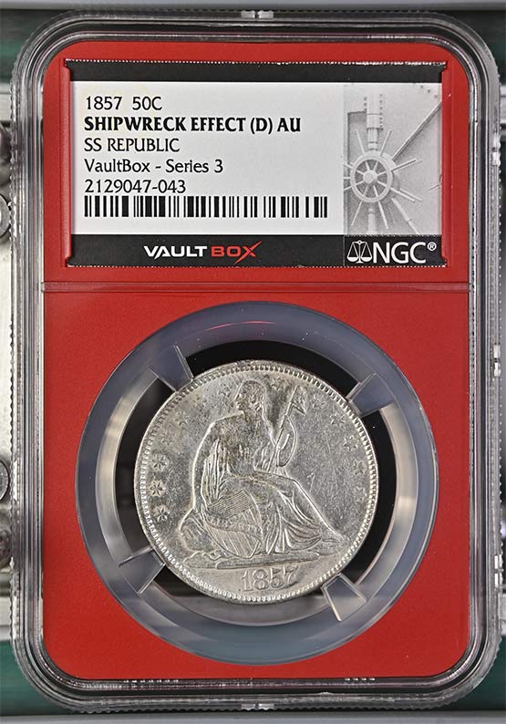 1857 SS Republic Seated Liberty Half Dollar NGC Shipwreck Effect (D) AU Vaultbox Series 3 Front