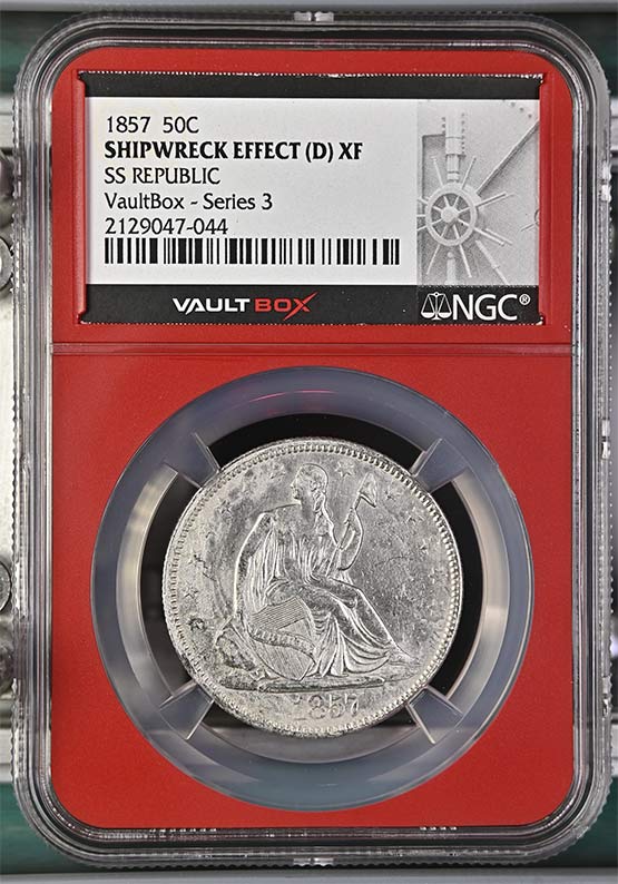 1857 SS Republic Seated Liberty Half Dollar NGC Shipwreck Effect (D) XF Vaultbox Series 3 Front