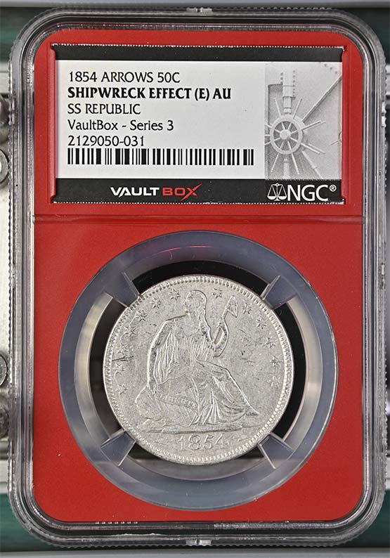1854 Arrows SS Republic Seated Liberty Half Dollar NGC Shipwreck Effect (E) AU FRONT