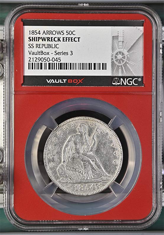 1854 Arrows SS Republic Seated Liberty Half Dollar NGC Shipwreck Effect Vaultbox Series 3 Front